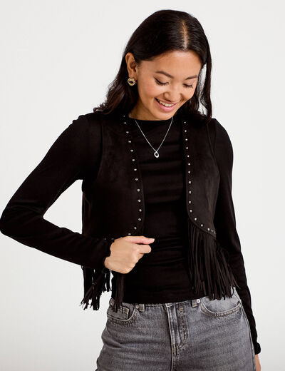 Gilet droit sans manches aspect daim noir femme