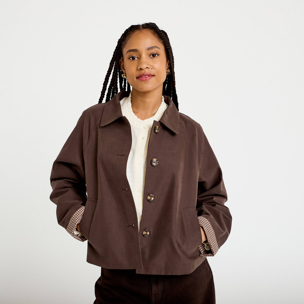 Veste courte boutonn&eacute;e doublure vichy marron fonc&eacute; femme