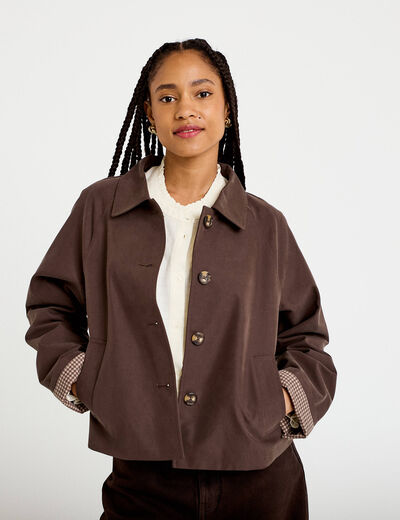 Veste courte boutonn&eacute;e doublure vichy marron fonc&eacute; femme