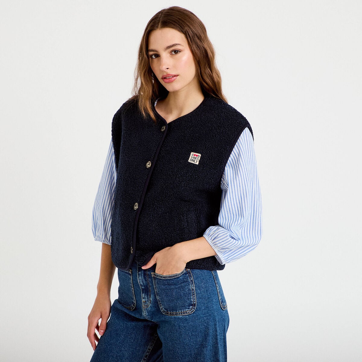 Veste sans manches fausse fourrure bleu marine femme