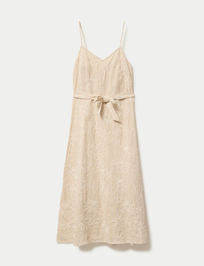 Robe droite 3/4 col v fines bretelles beige moyen femme