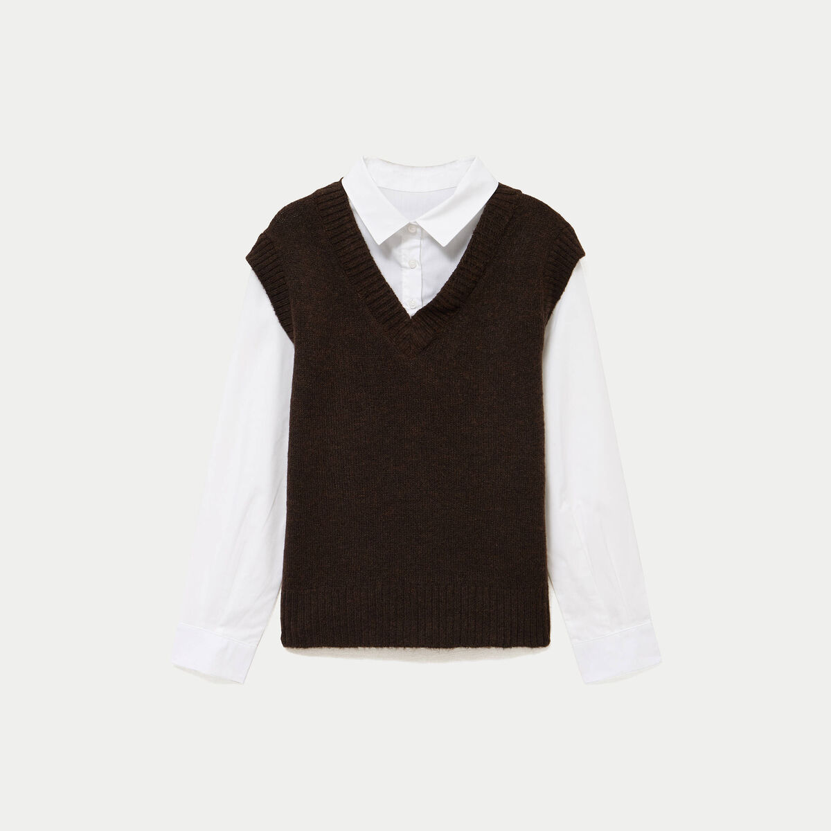 Pull chemise 2-en-1 marron femme