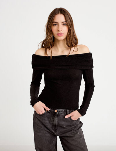 T-shirt col bardot brillant noir femme