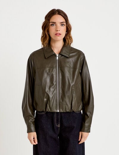 Veste effet boule manches longues vert kaki femme