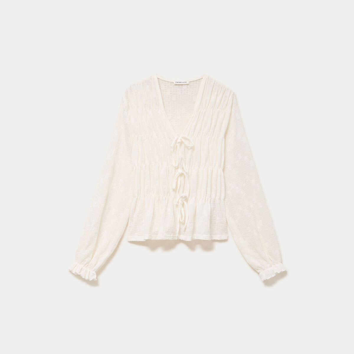Blouse ajust&eacute;e col v dentelle pliss&eacute;e ecru femme