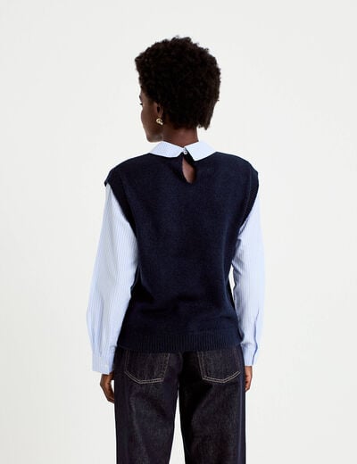 Pull fin 2-en-1 manches longues bleu marine femme