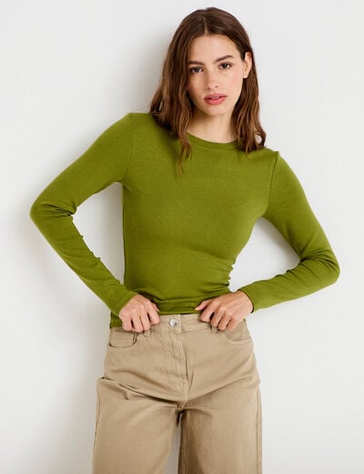 T-shirt cintr&eacute; col rond manches longues vert fonc&eacute; femme
