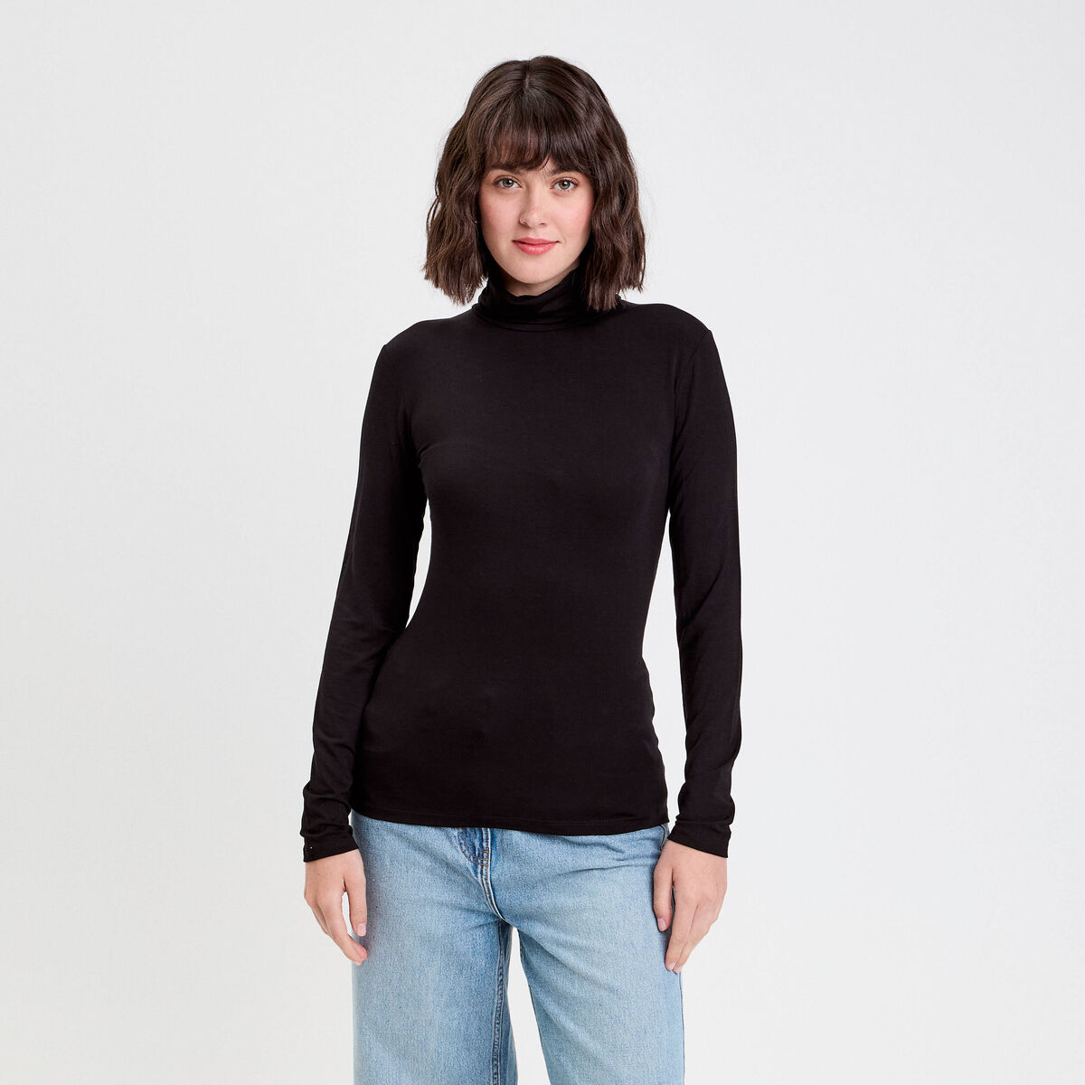T-shirt uni &agrave; manches longues noir femme