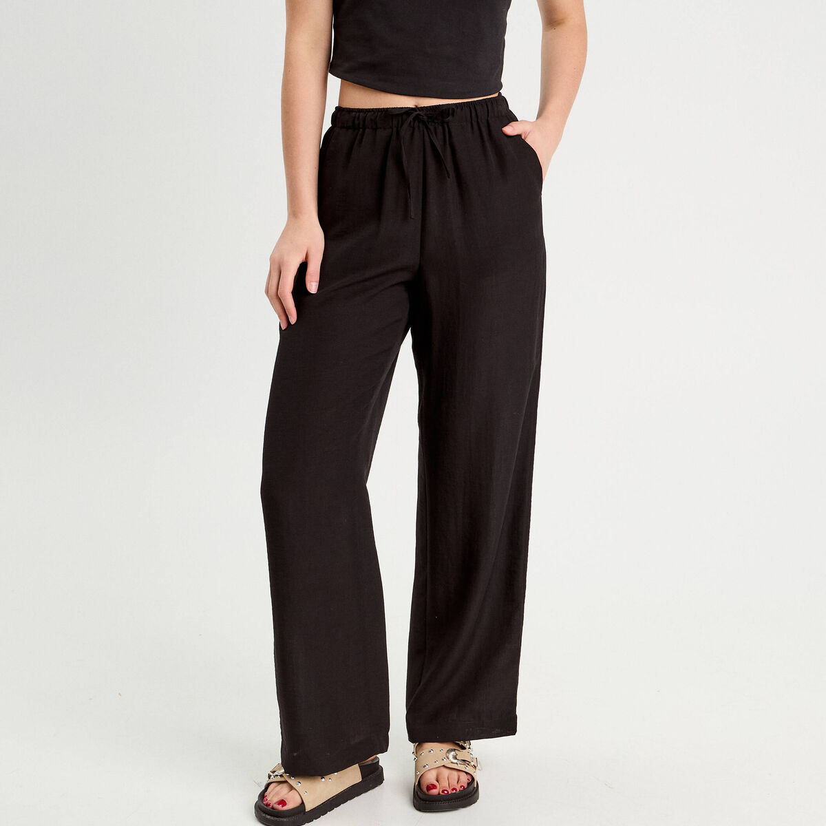 Pantalon large taille haute en cr&ecirc;pe noir femme