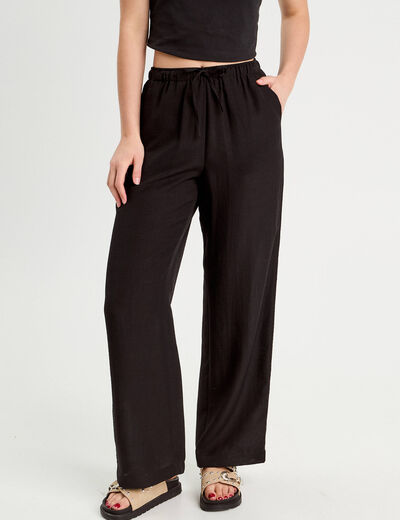 Pantalon large taille haute en cr&ecirc;pe noir femme