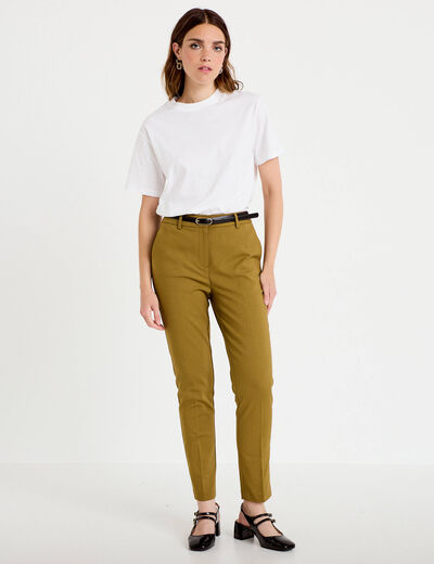 Pantalon cigarette ceintur&eacute; vert kaki femme