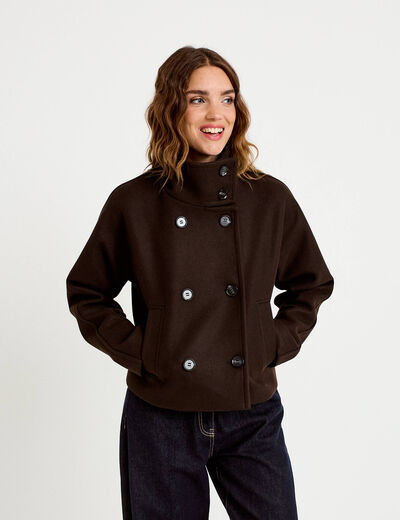 Veste chin&eacute;e col montant manches longues marron fonc&eacute; femme