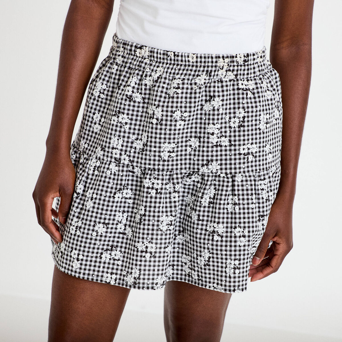 Jupe-short vichy broderie noir femme
