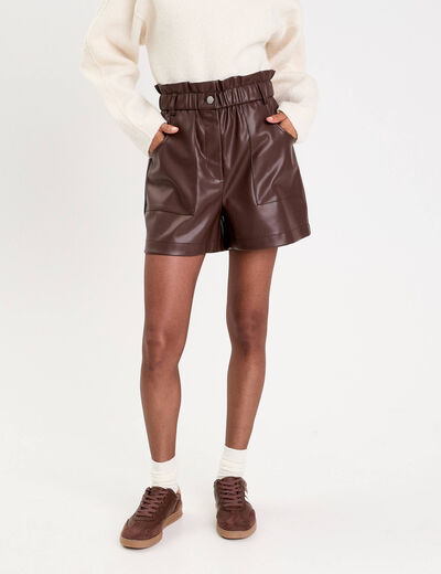 Short regular taille haute similicuir marron fonc&eacute; femme