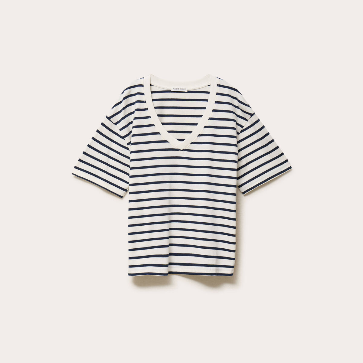 T-shirt col v manches courtes bleu fonc&eacute; femme