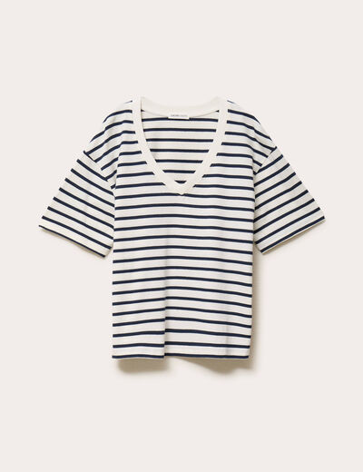 T-shirt col v manches courtes bleu fonc&eacute; femme