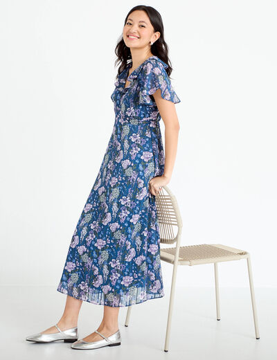 Robe longue &eacute;vas&eacute;e Bridgerton bleu marine femme