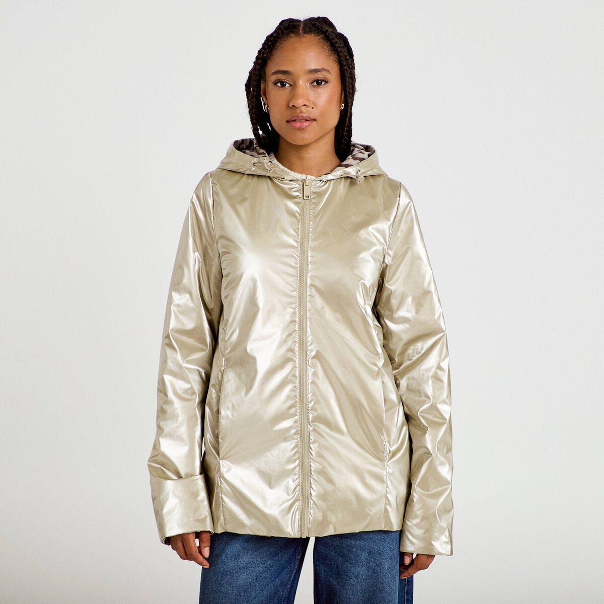 Parka r&eacute;versible &agrave; capuche couleur or femme