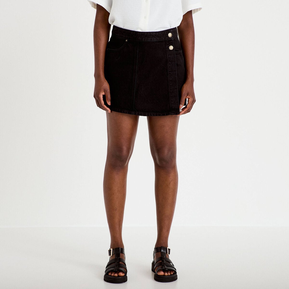 Jupe-short trap&egrave;ze en jean denim noir femme