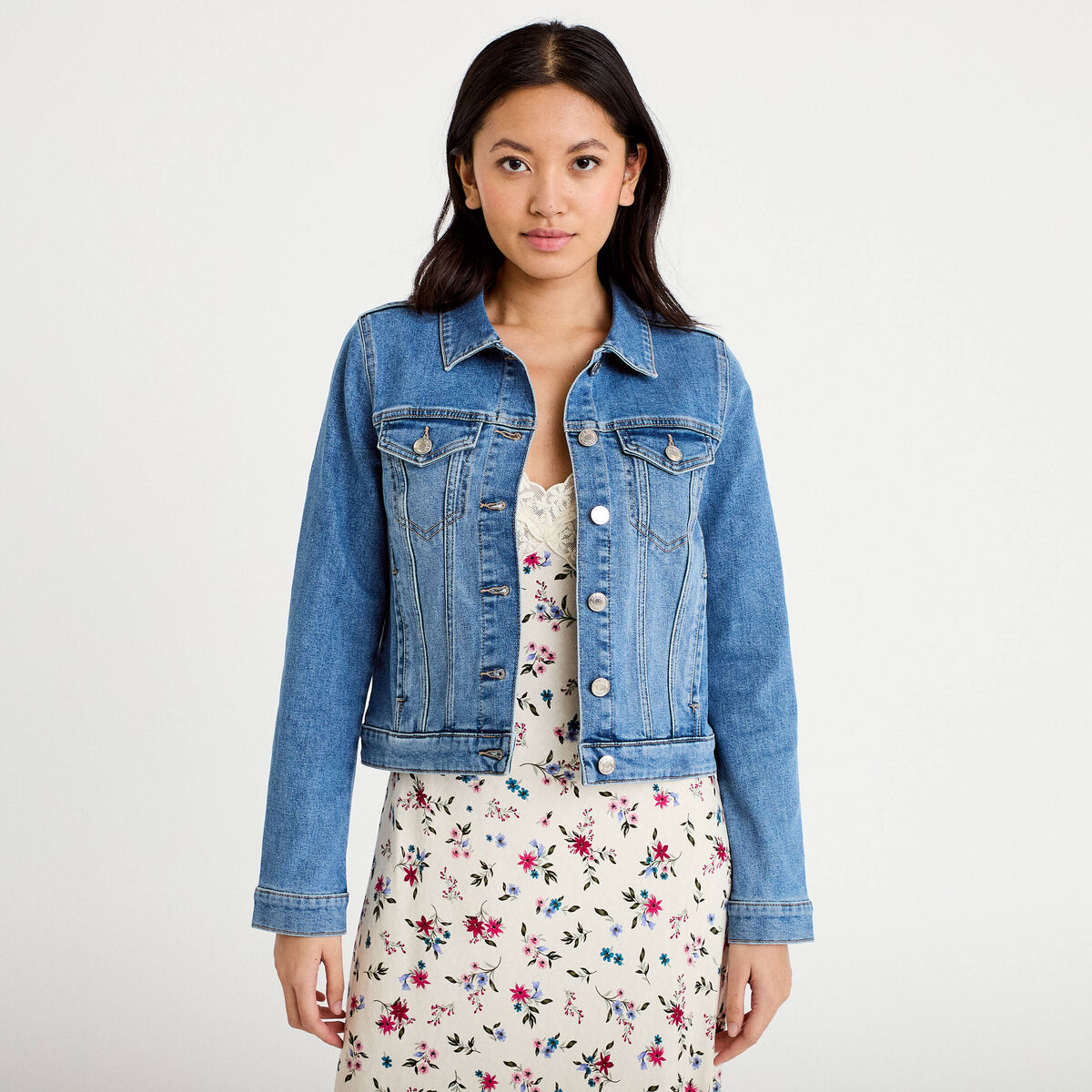 Veste cintr&eacute;e en jean col classique denim double stone femme