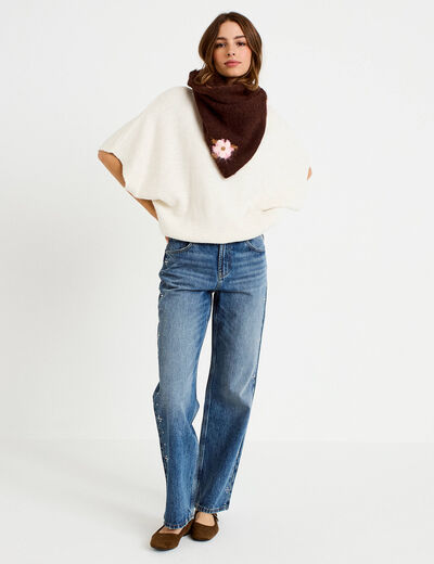 Pull oversize col rond manches courtes ecru femme