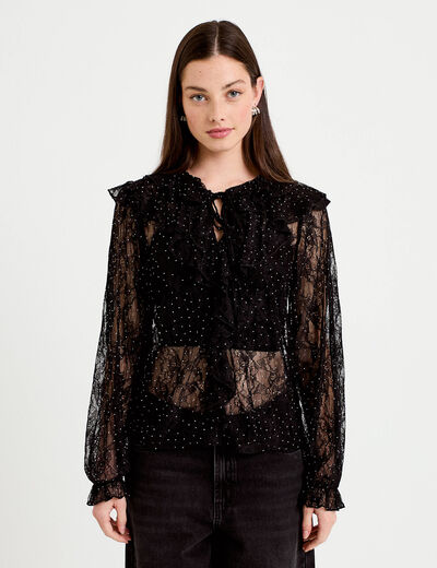 Blouse dentelle manches longues noir femme