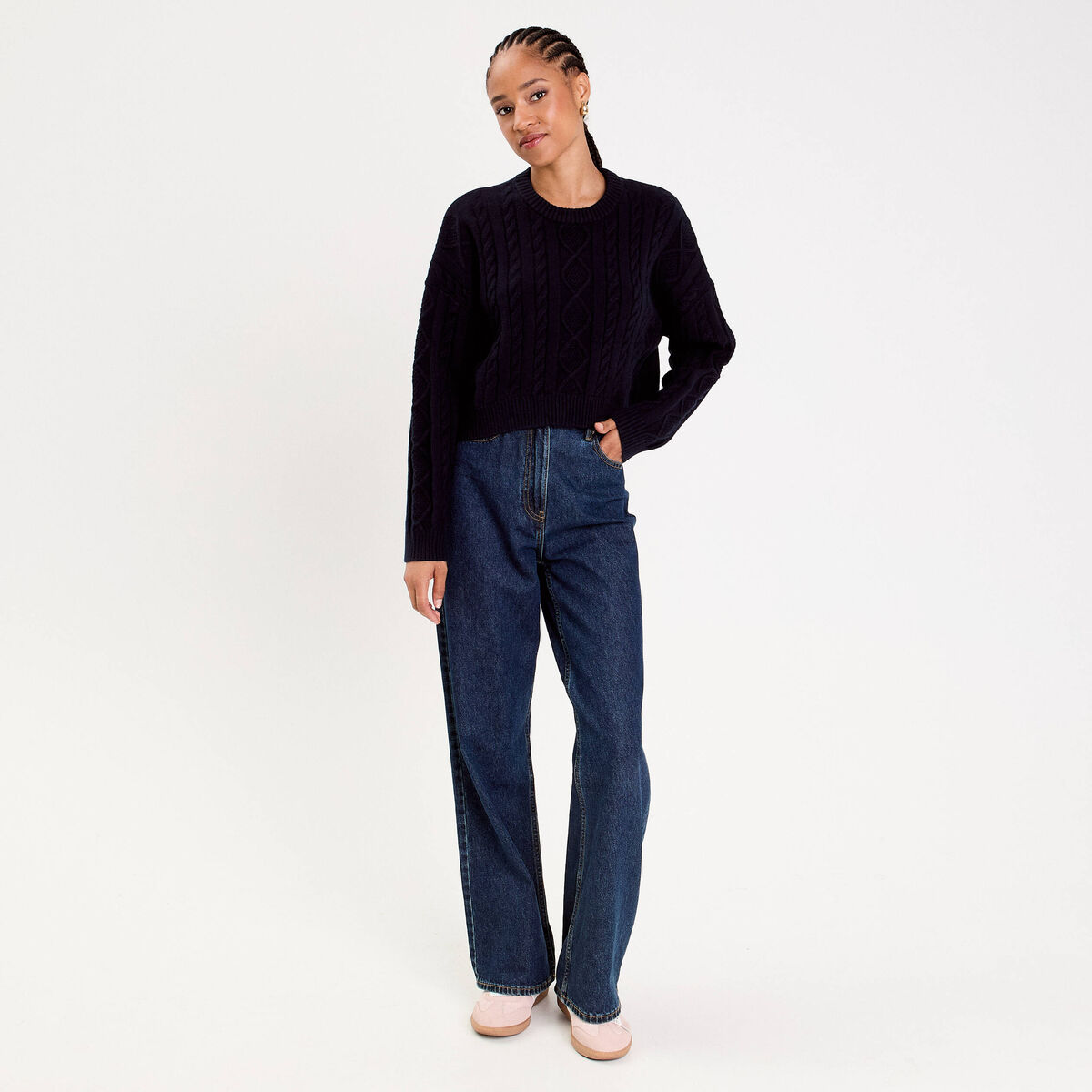 Pull avec torsades bleu marine femme