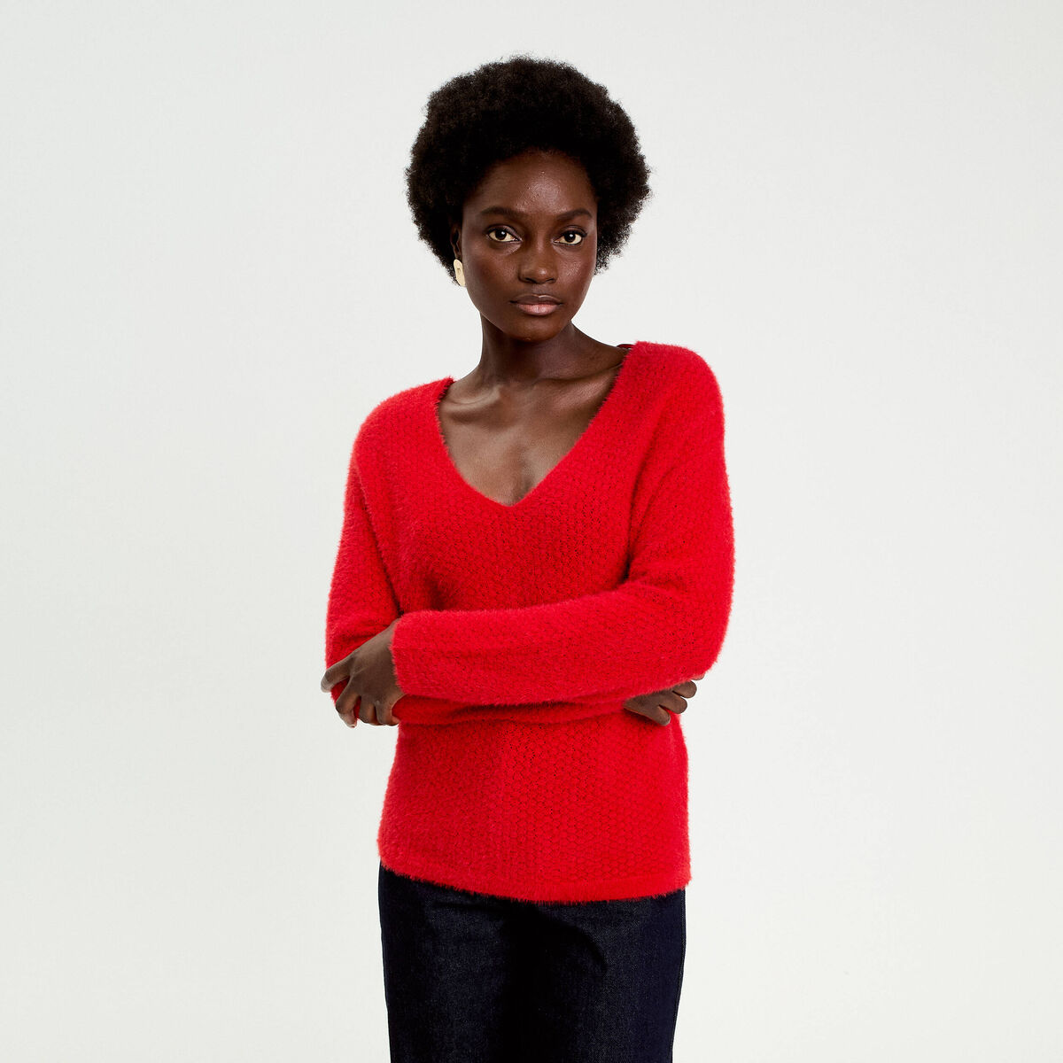 Pull col v manches longues rouge femme