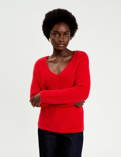 Pull col v manches longues rouge femme