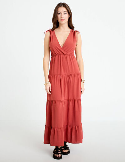 Robe longue &eacute;vas&eacute;e col V vieux rose femme