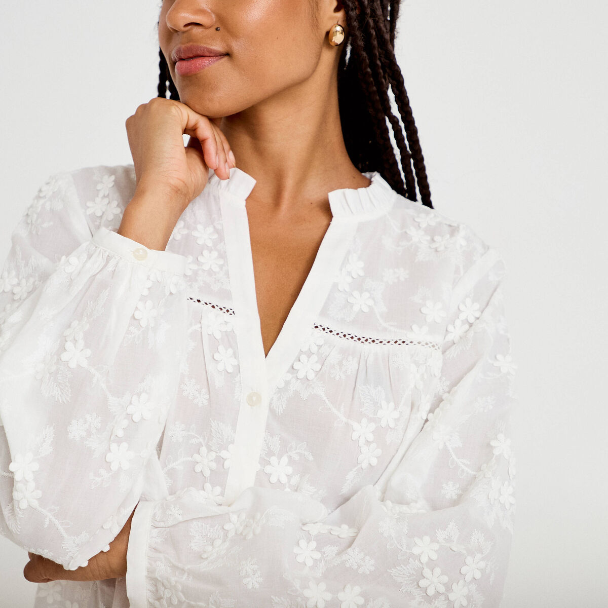 Blouse droite col rond manches longues ecru femme