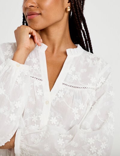 Blouse droite col rond manches longues ecru femme