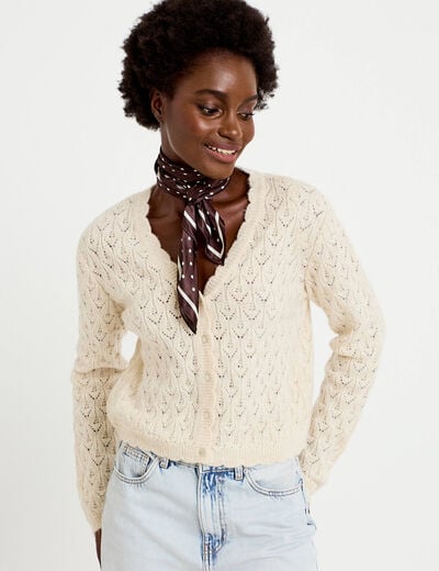 Gilet ajour&eacute; col v manches longues ecru femme