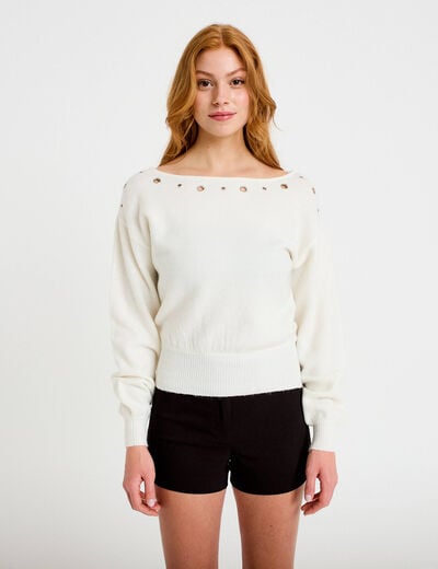 Pull col bateau manches longues ecru femme