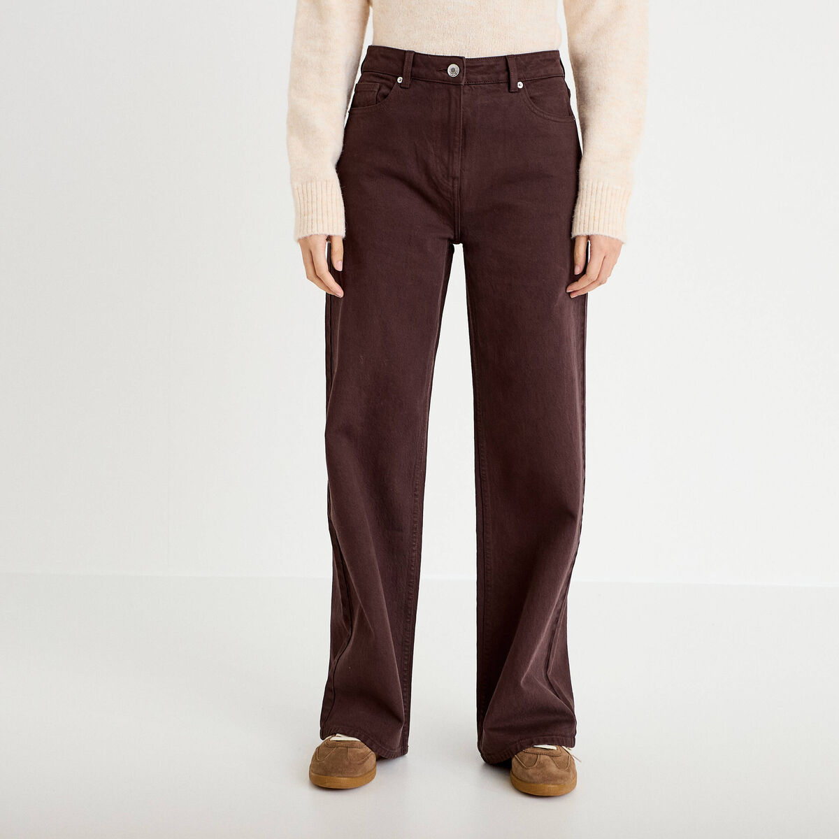 Jean wide leg taille haute marron fonc&eacute; femme