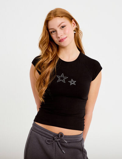 T-shirt ajust&eacute; court col rond noir femme