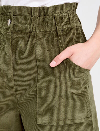 Short taille haute en velours vert kaki femme