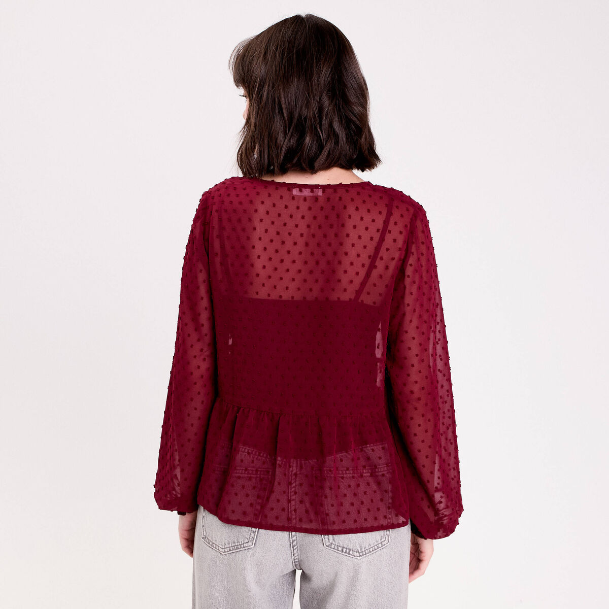 Blouse courte droite col v rouge fonc&eacute; femme