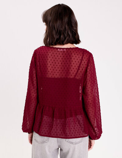 Blouse courte droite col v rouge fonc&eacute; femme