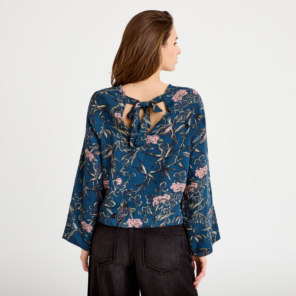 Blouse manches longues encolure bateau bleu p&eacute;trole femme