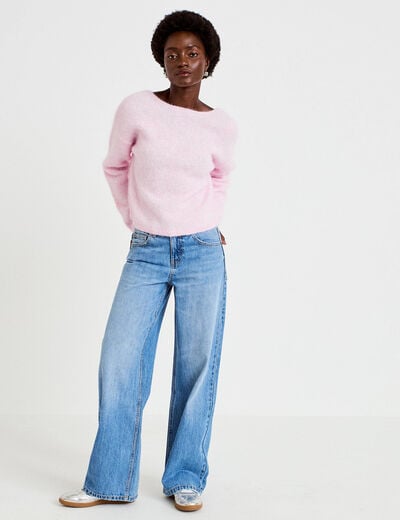 Pull col rond manches longues rose clair femme
