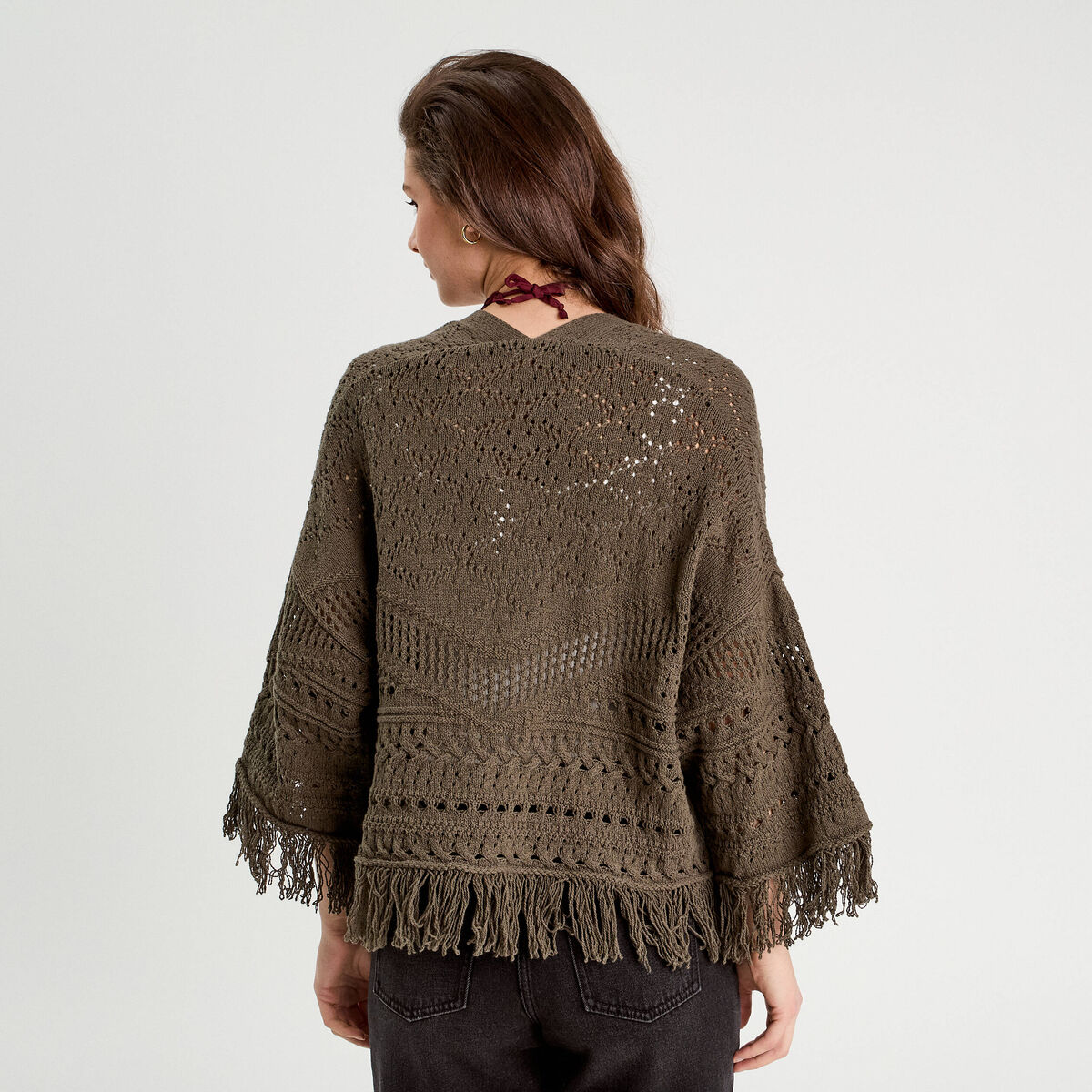Gilet ajour&eacute; avec franges vert kaki femme