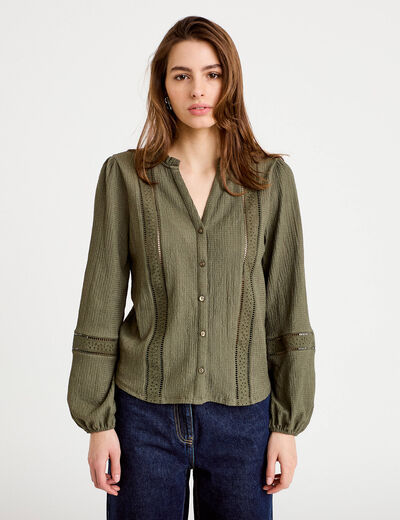 Blouse broderie col V manches longues vert kaki femme