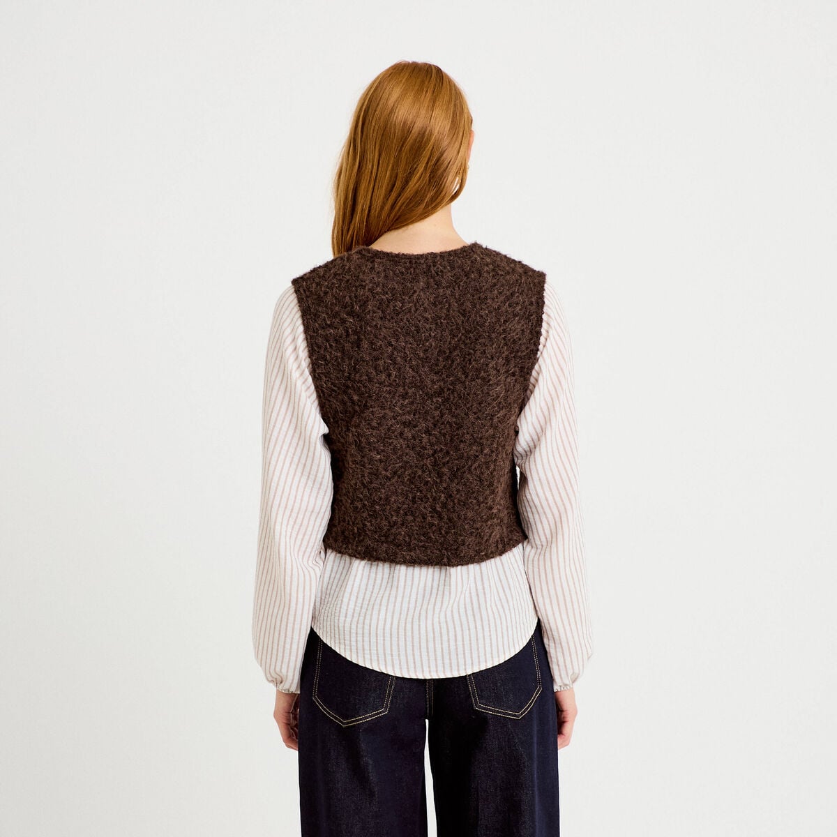 Pull chemise 2-en-1 marron fonc&eacute; femme