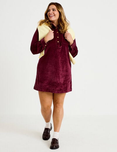 Robe droite velours col montant bordeaux femme