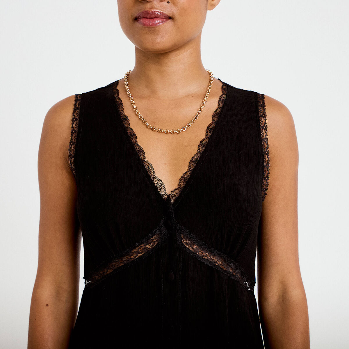 Robe longue droite sans manches col v noir femme