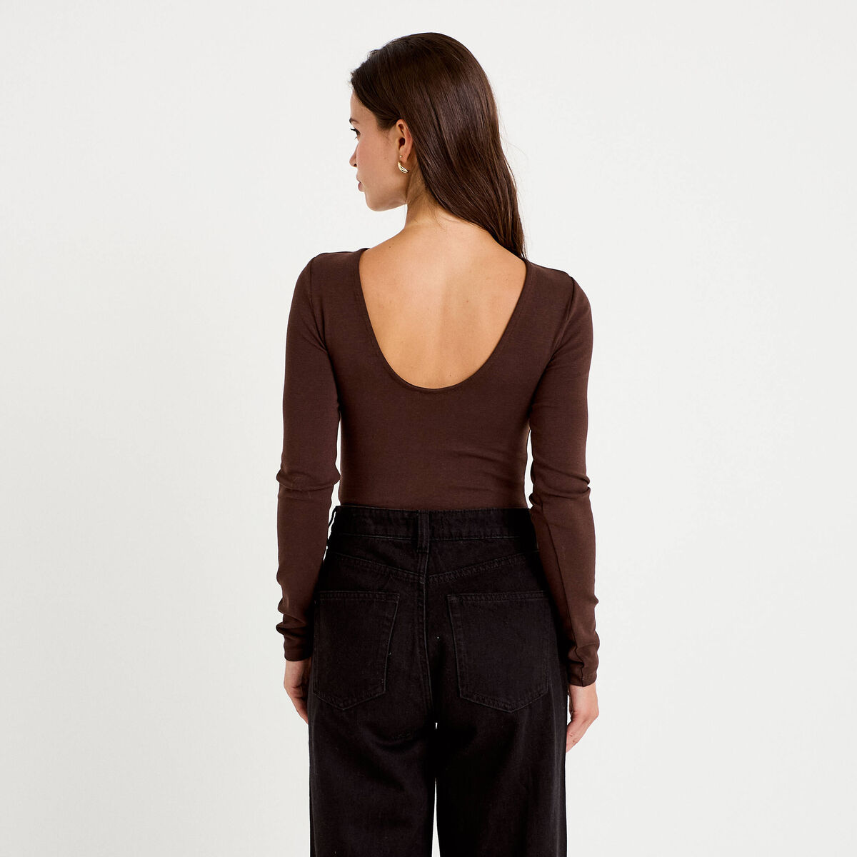 Body cintr&eacute; manches longues bateau marron fonc&eacute; femme