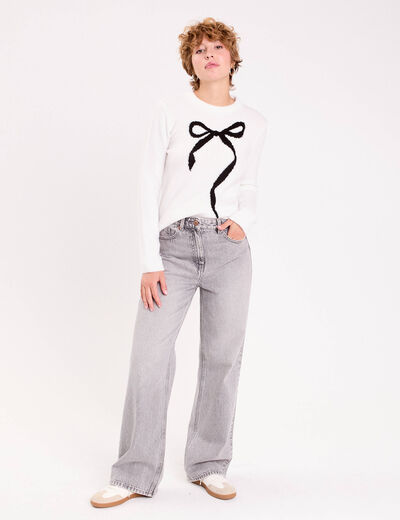 Pull motif noeud ecru femme