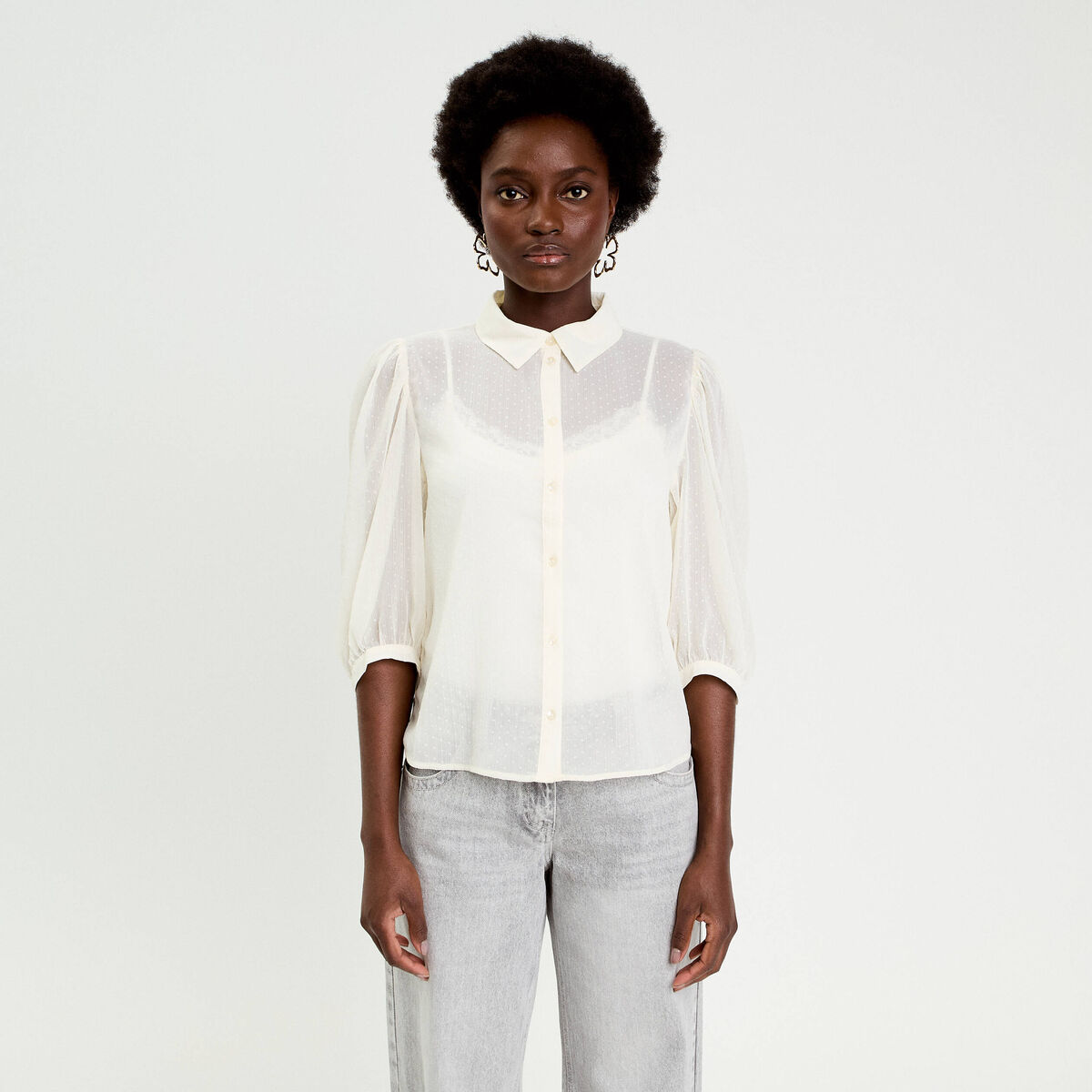Chemise droite courte voile manches 3/4 ecru femme