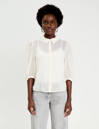 Chemise droite courte voile manches 3/4 ecru femme